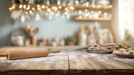 Wooden Table with Blurred Christmas Kitchen Background with Cookie Dough and Rolling Pins