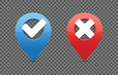 Blue and red pin for maps and navigation systems. Right and wrong location. Vector illustration. 