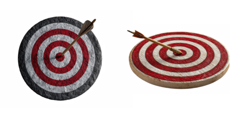 Two archery targets with arrows in the bullseye against a black background studio shot