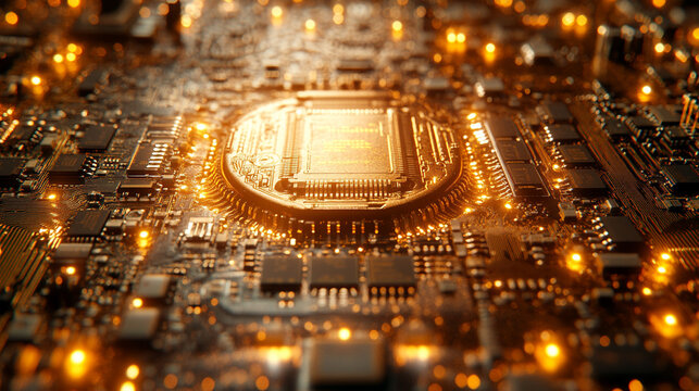 Glowing CPU on Circuit Board with Active Components