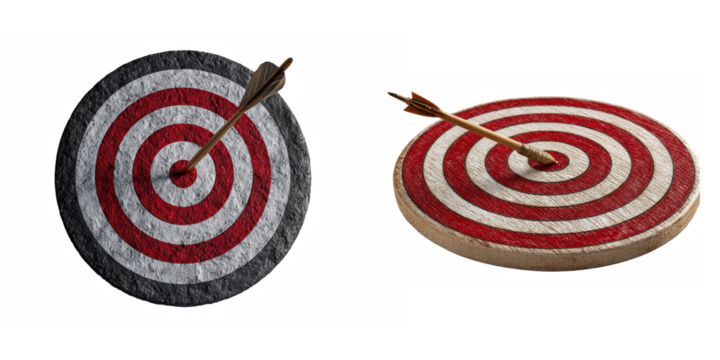 Two archery targets with arrows in the bullseye against a black background studio shot