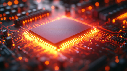 Glowing CPU on circuit board with active connections