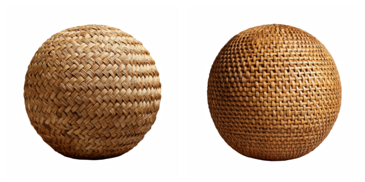 Two woven spheres of different patterns against a stark black background studio shot