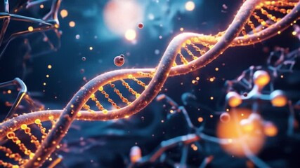 Futuristic 3D animation of DNA strand glowing with orange light particles - Powered by Adobe
