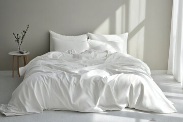 Cozy inviting bedroom with soft white bedding and natural morning light, minimalistic peaceful atmosphere ideal for relaxation and comfort