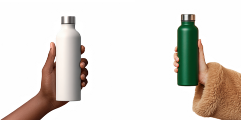 Hands holding insulated water bottles against a black background in studio shot
