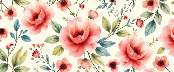 Rustic watercolor floral seamless pattern on ivory Hand-painted vintage garden design with abstract blooms & foliage,  antique,  romantic