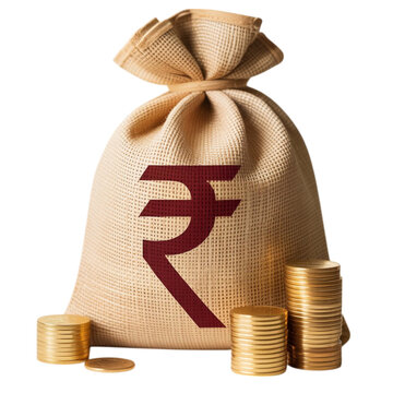Indian rupee symbol on a money bag with golden coins depicting wealth and finance