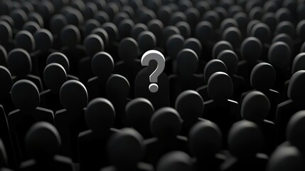 Obraz premium A crowd of black figures with a single white question mark in the center.