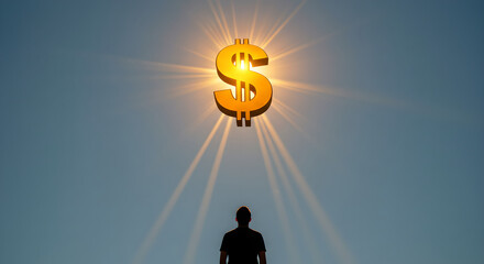 A man looks up at a golden dollar sign glowing against a blue sky, symbolizing wealth, success, and financial opportunity.