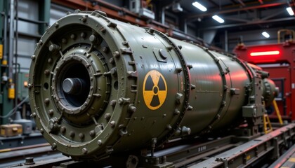 a large industrial machine, which resembles an engine or turbine, prominently placed in a workshop or factory setting