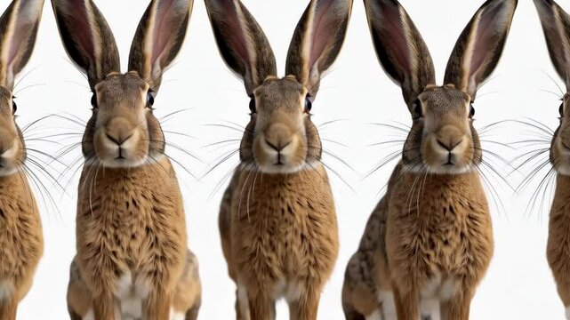 Five brown hares sitting upright against a solid white backdrop, their long ears erect and alert, forming a symmetrical pattern with focused gaze.