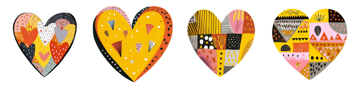 Colorful patterned hearts in various designs and styles  