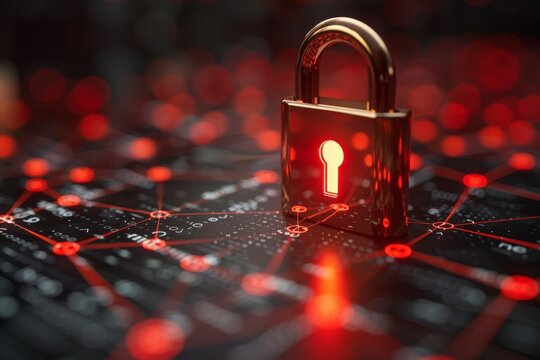 Digital lock illuminated by streams of binary code representing cybersecurity and data protection