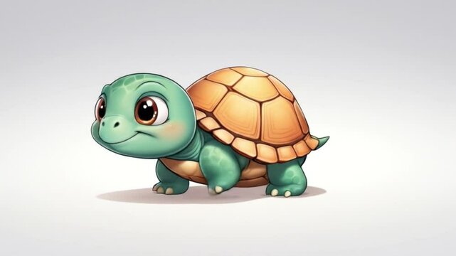 Cute 3D cartoon baby turtle walking slowly on white background