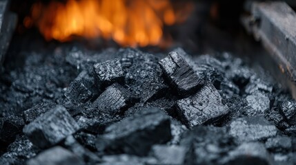Coal pieces in a blacksmith's forge with flames in the background.