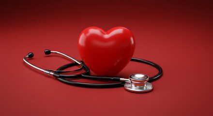 Red Heart and Stethoscope on Red Background, Medical Healthcare Concept