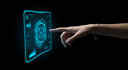 Woman hand touching futuristic digital interface with blue light. Smart technology touch screen. Modern business data analysis.