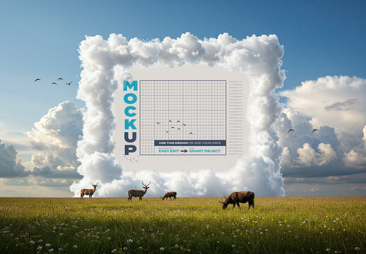 Cloudy Frame Image Mockup on Field with Deers