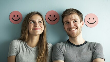 A young couple standing against a blue wall with smiley face stickers above their heads.