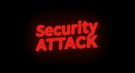 Red neon sign displaying "security attack" text message. Cybersecurity breach illustration for data protection concept.