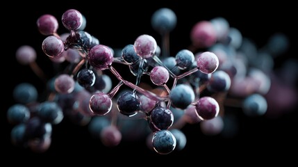 Abstract molecular structure pink and blue spheres connected by translucent rods