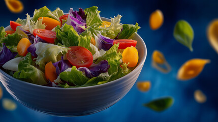 Fresh Salad: An enticing visual of a vibrant and appetizing salad, brimming with fresh ingredients, on a slightly blurred background to enhance the presentation, creating a feast for the eyes.