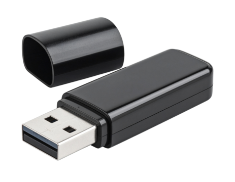 USB Flash Drive with Cap Removed – Metallic Finish – Isolated Transparent Background PNG