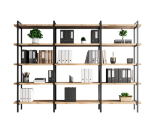 Office Bookshelf with Binders, Books & Decor – Isolated on Transparent Background PNG for Workspace Design