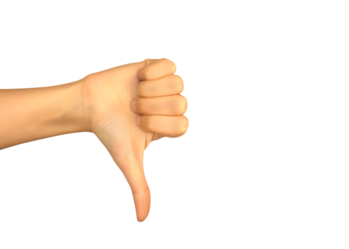Hand gesture showing thumbs down on a transparent background expressing disapproval