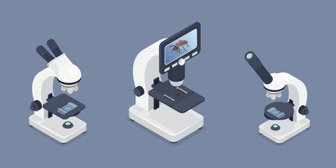 Optical, digital, binocular microscopes set. Equipment for laboratory and hospital research. Modern technologies for evaluation of cellular connections. 3d flat isometric vector illustration.