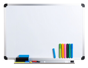 White Office Whiteboard with Color Markers – Front View Transparent Background PNG