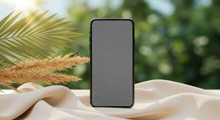 Smartphone mockup with textured screen, palm leaf, and soft fabric backdrop