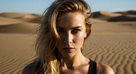 Fototapeta premium Woman with blonde hair and blue eyes looking directly at the camera in a desert landscape with sand dunes