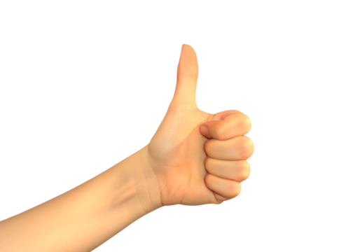Hand giving a thumbs up gesture on a transparent background for compositing