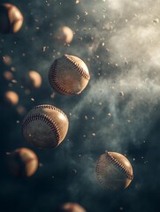 Surreal Floating Baseballs with Mist and Bokeh, Sport Ball Background