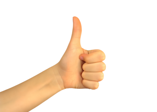 Hand giving thumbs up gesture on a transparent background for approval