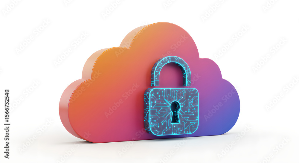 Poster colorful cloud icon with circuit board patterned padlock. secure cloud computing concept. data prote