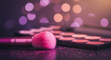 Pink Makeup Brush and Eyeshadow Palette on Glitter