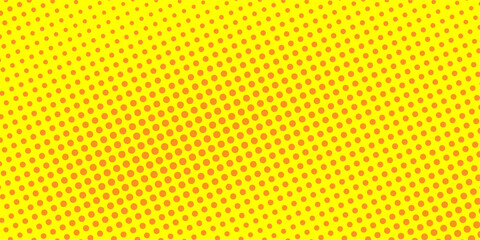 Yellow halftone pattern. Retro comic gradient background. Bright orange pixelated dotted texture overlay. Cartoon pop art faded gradient pattern. Vector backdrop for poster, banner, advertisement