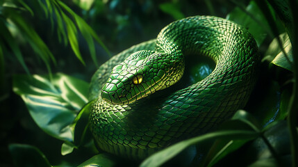 Fototapeta premium Python relaxing in green forest canopy scene high resolution picture