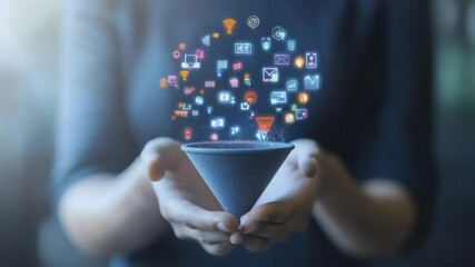 Hands holding a funnel with digital icons flowing into it, representing data collection or online marketing. - Powered by Adobe
