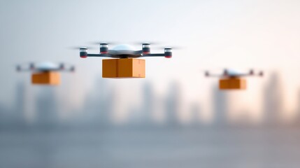 cargo management delivery optimization concept. Drones delivering packages over a city skyline.