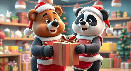 Cute Santa Bear and Panda Exchanging Christmas Gift in Festive Toy Store