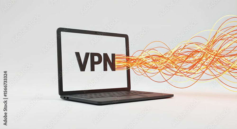 Poster laptop with vpn text and abstract lines representing data flow. virtual private network concept for 