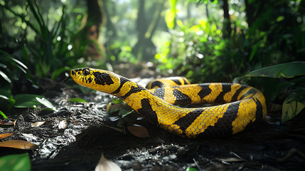 Obraz premium Python resting beneath green jungle foliage high resolution picture