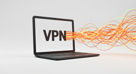 Laptop with VPN text and abstract lines representing data flow. Virtual private network concept for secure internet connection.