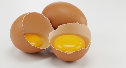 Cracked Eggs with Bright Yellow Yolks on a White Background