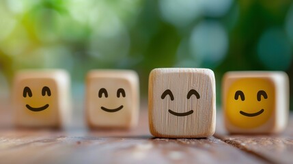 Four wooden blocks with smiley faces on them, arranged in a row on a wooden surface with a blurred green background.