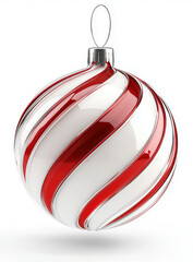 Twisted red and white Xmas tree ball with Christmas ornament, glitter texture and glossy shine. Perfect for holiday decor, seasonal cards, festive design, and creative layouts.
